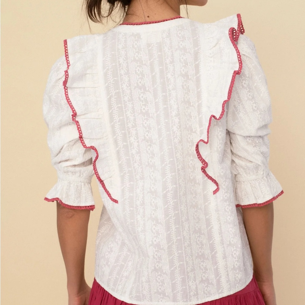 Sonmer JO BLOUSE WHITE White and pink Women's Blouse eyelet New $150 - Picture 2 of 3